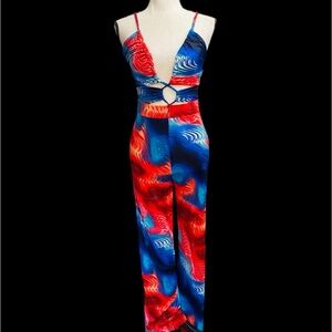WOW couture Red & Blue Cutout Plunge Jumpsuit